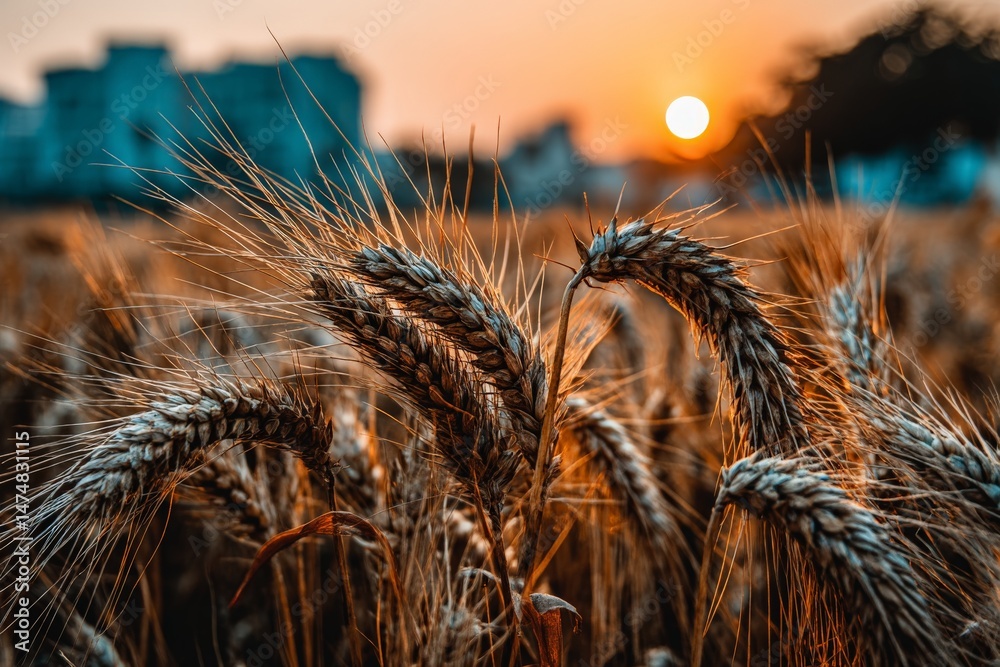 Poster wheat field at sunset with golden hues illuminating the landscape and a distant urban backdrop