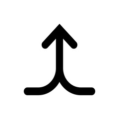 Black arrow pointing upwards with a split base on a white background in a simple graphic style