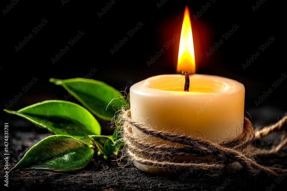 Poster warm candlelight illuminates natural elements in a cozy setting featuring a green leaf and rustic tw