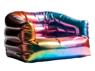 Glossy inflatable plastic sofa in colorful rainbow hues on transparent background, png