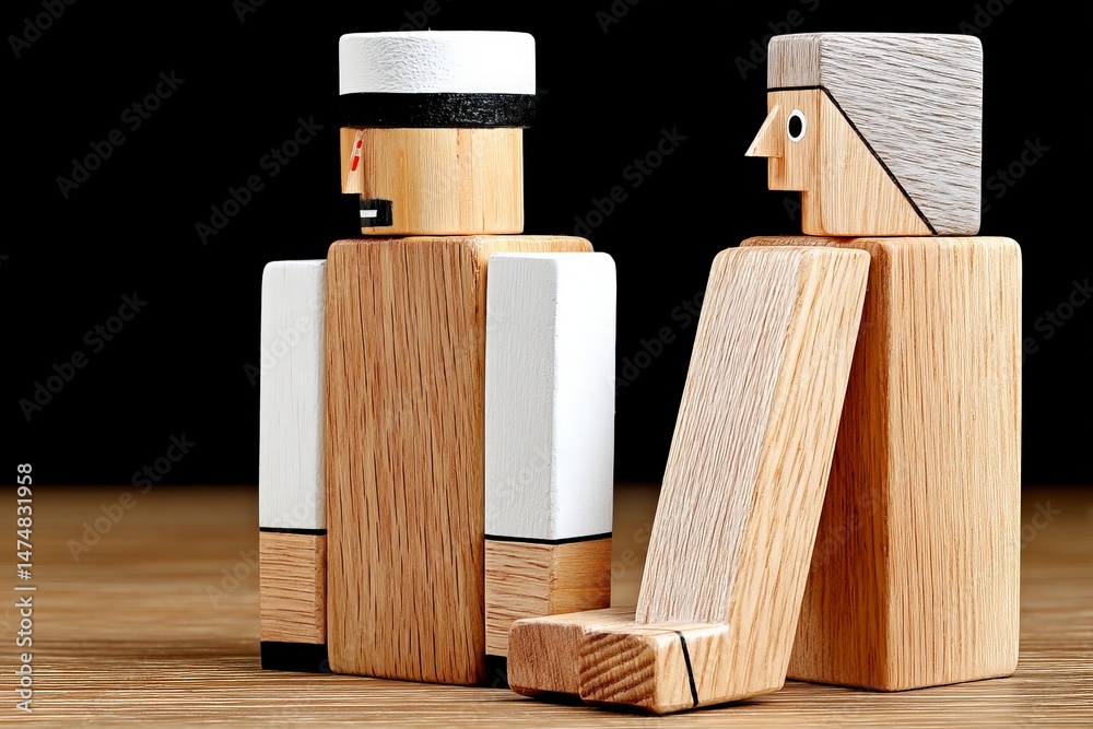 Poster Wooden figures standing and seated represent a conversation in a minimalist setting with focus on craftsmanship