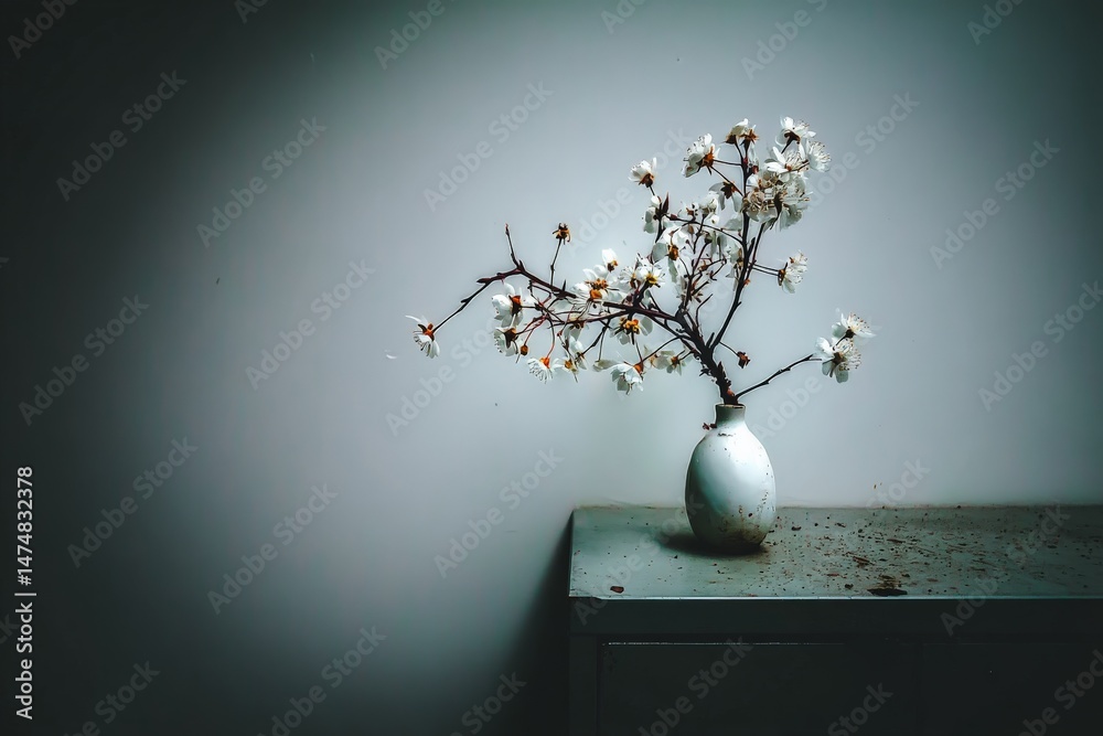 Poster Elegant branch of white flowers in a simple vase on a dusty table with soft lighting