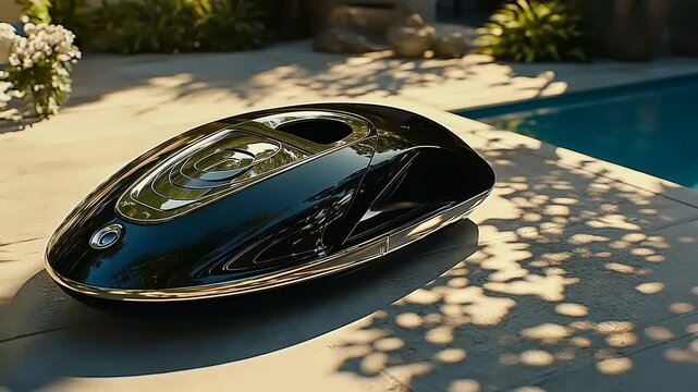 Sleek robotic pool cleaner resting beside a luxurious swimming pool in sunshine
