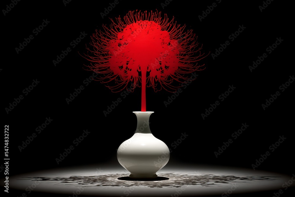 Poster creative red floral art displayed in a modern white vase against a dark background in a minimalist s