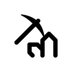 Illustration of a black pickaxe tool positioned above a stylized house structure with rounded edges and corners