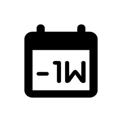 Black calendar icon displaying the text minus one week indicating a time period or schedule reminder of week