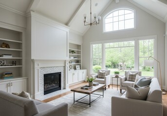 Fototapeta premium Bright Modern Living Room Interior Design White Walls Large Windows Natural Light Comfortable Sofa