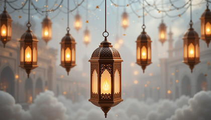 Obraz premium Illuminated lanterns hanging against a blurred background of buildings and clouds