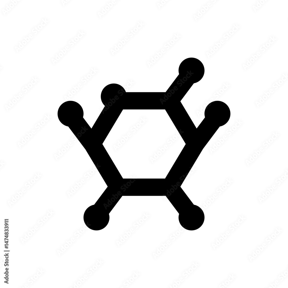 Poster geometric design featuring a central hexagon with branching lines ending in circles on a white backg