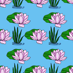 A vibrant vector seamless pattern featuring delicate pink water lilies, lush green lily pads, and vibrant aquatic grasses, set against a serene light blue backdrop.