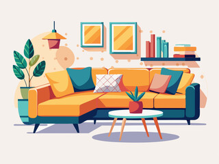 A flat vector of a cozy modern sectional sofa with cushions and low legs. White background, minimalist home interior
