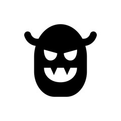 Illustration of a black cartoon monster with horns, sharp teeth, and glowing white eyes on a white background