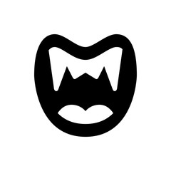 Illustration of a stylized black mouth with sharp fangs and a visible tongue on a white background