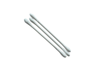 Three cotton buds close up, personal hygiene accessory on white background