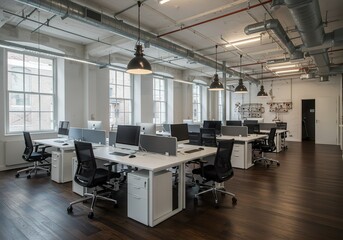 Modern Industrial Office Workspace Design with White Desks and Black Chairs chic room lamps style