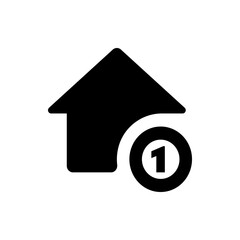 Black silhouette of a house with a pointed roof next to a black circle containing the number one inside it