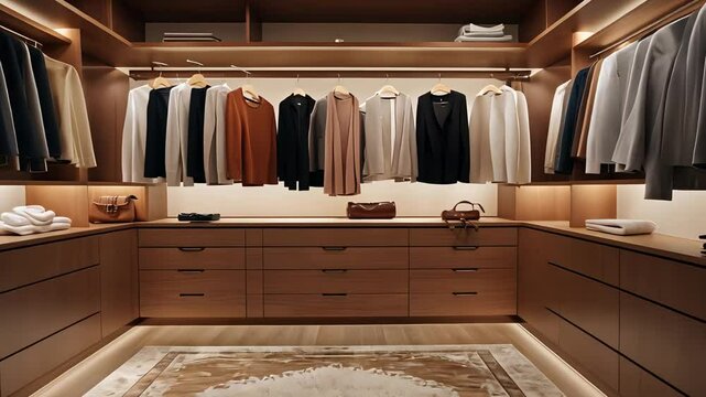 Elegant wooden wardrobe with neatly hung clothes, illuminated shelves, drawers, and luxurious rug in stylish modern closet interior