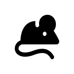 Silhouette of a rodent with a long tail and a round ear depicted in a solid black color on a white background