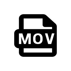 Illustration of a black file icon with the letters mov in white indicating a movie file format type