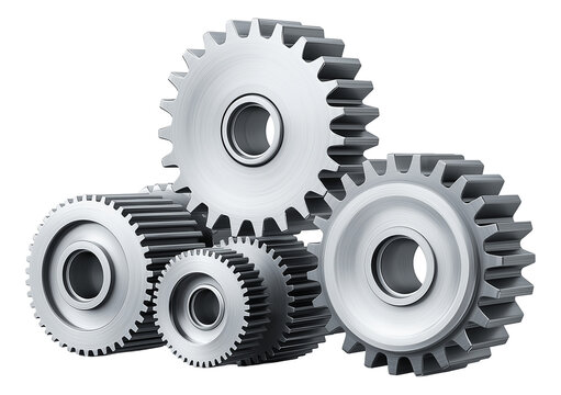 Four interlocking metallic gears of varying sizes arranged in a cluster on transparent background.