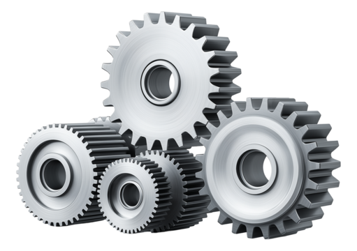 Four interlocking metallic gears of varying sizes arranged in a cluster on transparent background. - Powered by Adobe