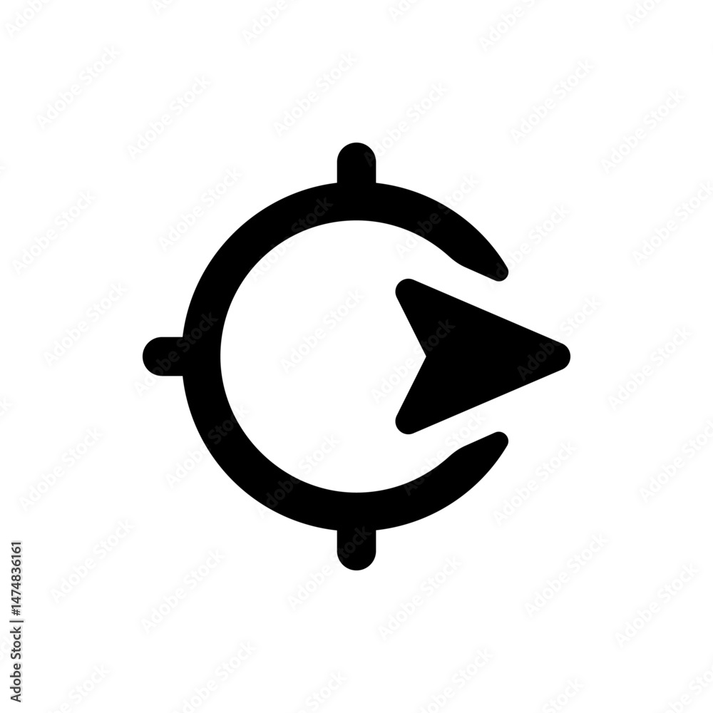 Poster black circular target with three rounded points and an arrow pointing to the right inside it icon