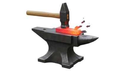 Isolated Hammer Shaping Hot Metal on Anvil