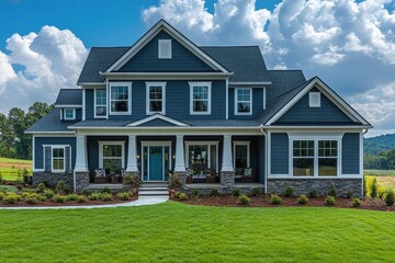 Blue farmhouse, porch, green lawn, rural setting, real estate