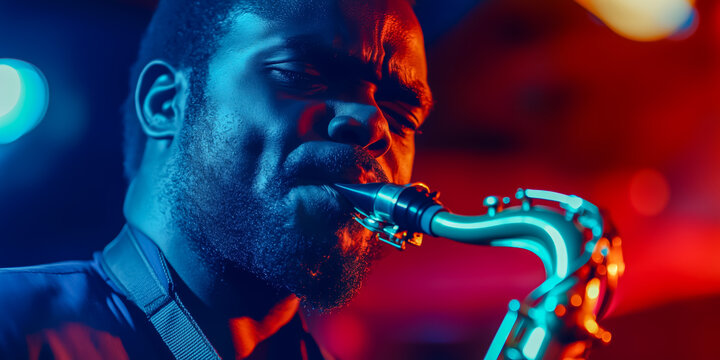 Musician passionately playing saxophone with colorful stage lighting