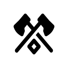 Two crossed axes with a diamond shape in the center in a simple black and white vector illustration