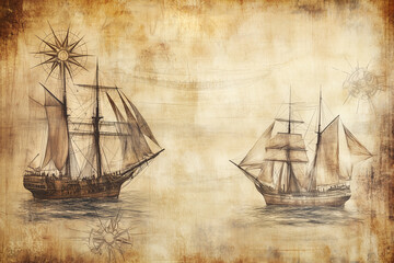 Aged Paper Two Vessels Vintage Nautical Illustration