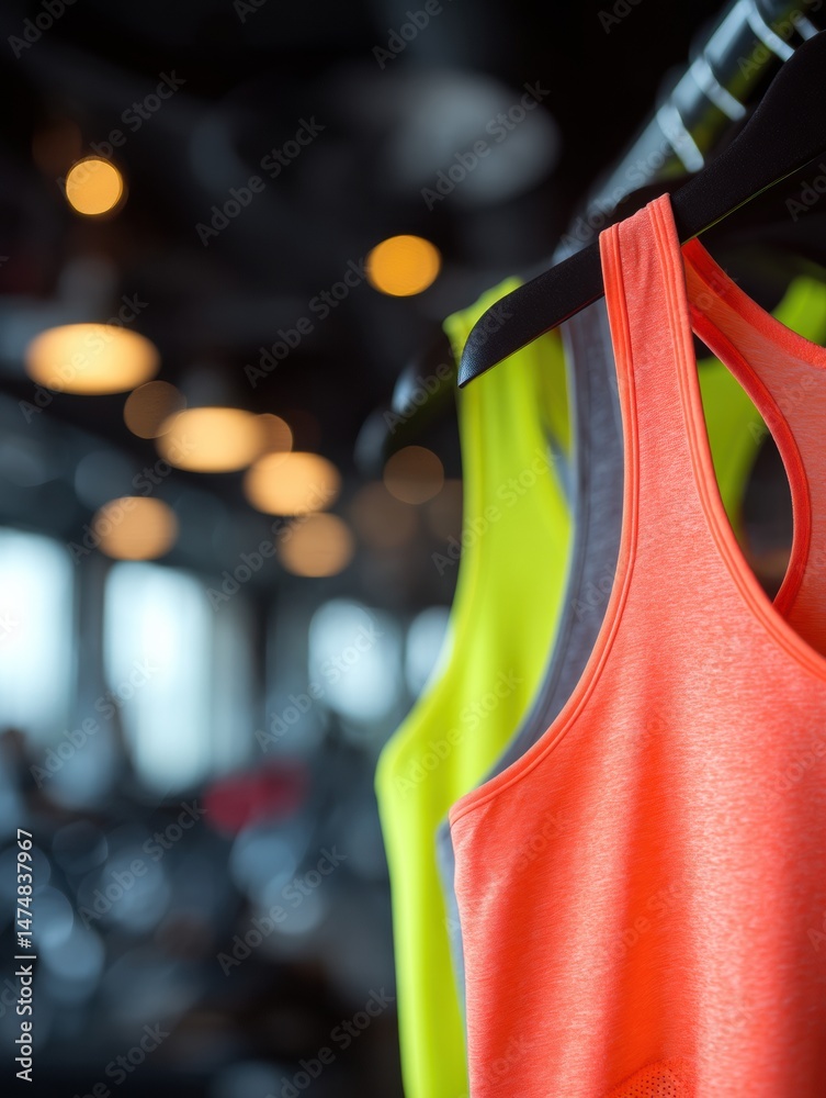 Poster bright neon fitness apparel showcased in a gym setting with a blurred background emphasizing a vibra