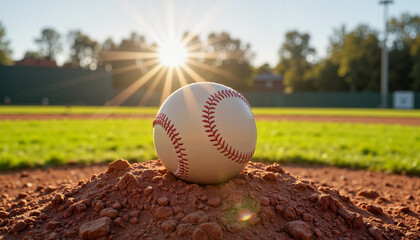Baseball on Dirt Mound Illuminated by Sunset Glow  