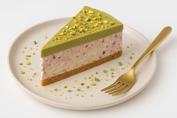Pistachio cheesecake slice with creamy berry layer and crushed pistachio topping on beige ceramic plate with golden fork