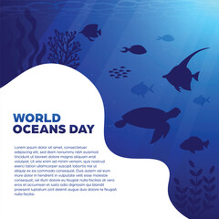 World Oceans Day Square Banner - Background with underwater scenery theme for social media posts, campaigns or advertisements about the sea and the environment