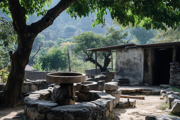 Ancient Stone Mill Ruins In A Lush Tropical Setting