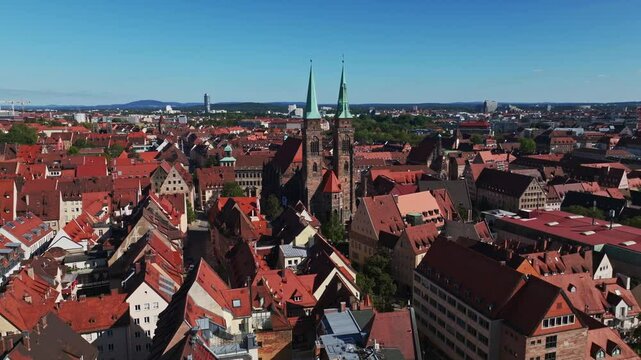 Aerial drone view of St. Sebald Church (Sebalduskirche) in N&uuml;rnberg, Germany