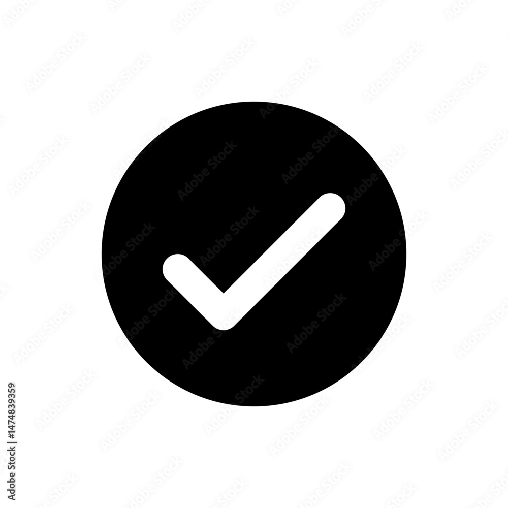 Poster white check mark inside a black circle indicating completion or approval with a clean and simple des