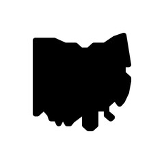 A solid black silhouette of the state of ohio with distinct borders and a simple white background view