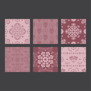 Set of Seamless Patterns. Rosewood and Pastel Pink Colors.