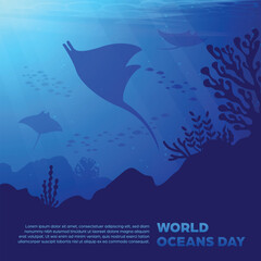 World Oceans Day Square Banner - Background with underwater scenery theme for social media posts, campaigns or advertisements about the sea and the environment