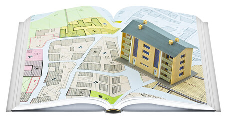 Imaginary cadastral map and general urban plan with cadastral parcels, urban destinations, vacant land plots and condominium residential building - Real opened book concept
