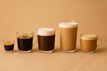 Different coffee drinks from espresso to latte lined up on beige background, coffee variety concept