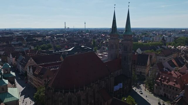 Aerial drone view of St. Sebald Church (Sebalduskirche) in N&uuml;rnberg, Germany