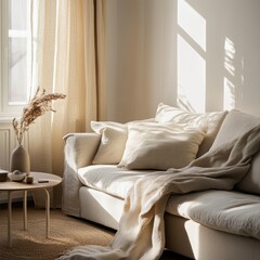 Sun-drenched living room, natural tones