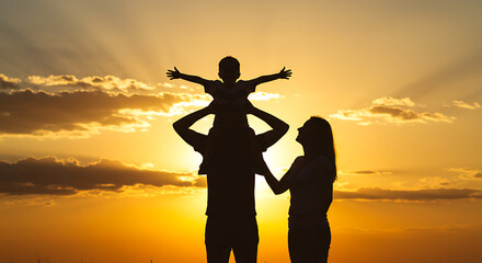 Fototapeta premium Silhouetted happy family with child on shoulders against dramatic sunset sky with sun rays, concept for childhood joy, family bonding and vacation memories