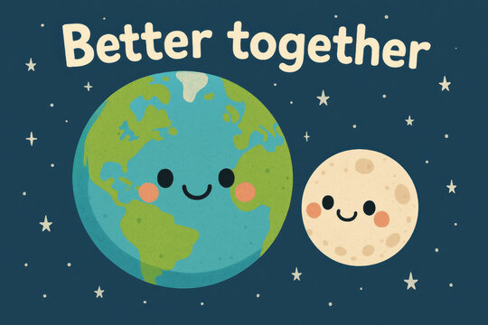 Cute smiling Earth and Moon characters, friendship quote, celestial bodies illustration, space, love - Powered by Adobe