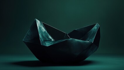 Abstract dark teal sculptural bowl, origami-like form.  Deep teal backdrop highlights the piece's dramatic shape and matte finish