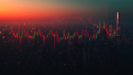 Red and Green Candlestick Chart Overlay on Night City Skyline