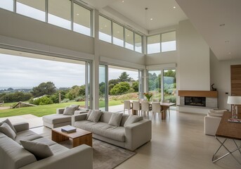 Fototapeta premium Modern Minimalist Living Room Design Spacious Home Open Plan Interior Architecture View Sofa House